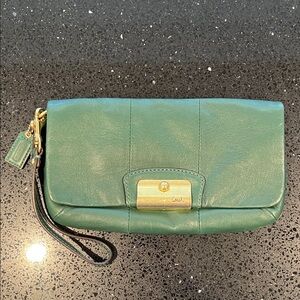 Coach Emerald Green Leather Wristlet with Gold-Tone Clasp